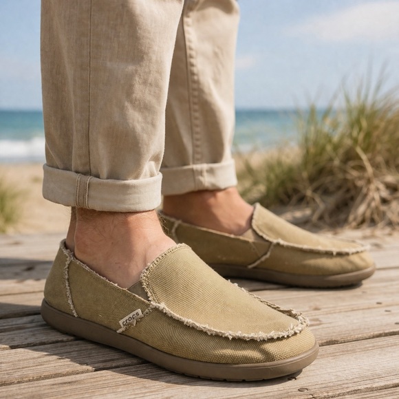 CROCS Other - Crocs Santa Cruz Canvas Loafers Men’s 12 Tan Slip On Casual Comfort Shoes